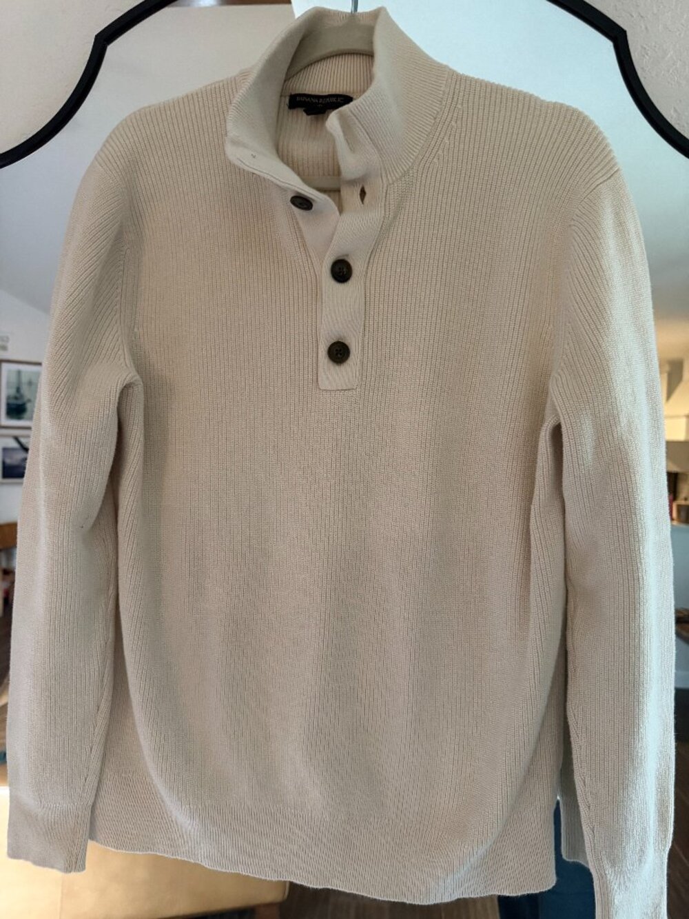 Banana Republic Men’s Large 100% Cotton Cream Button Mock Neck Sweater
